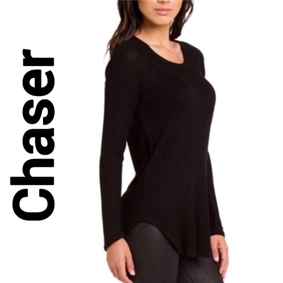 Chaser Tops - CHASER Black Waffle Knit Long Sleeve Top medium